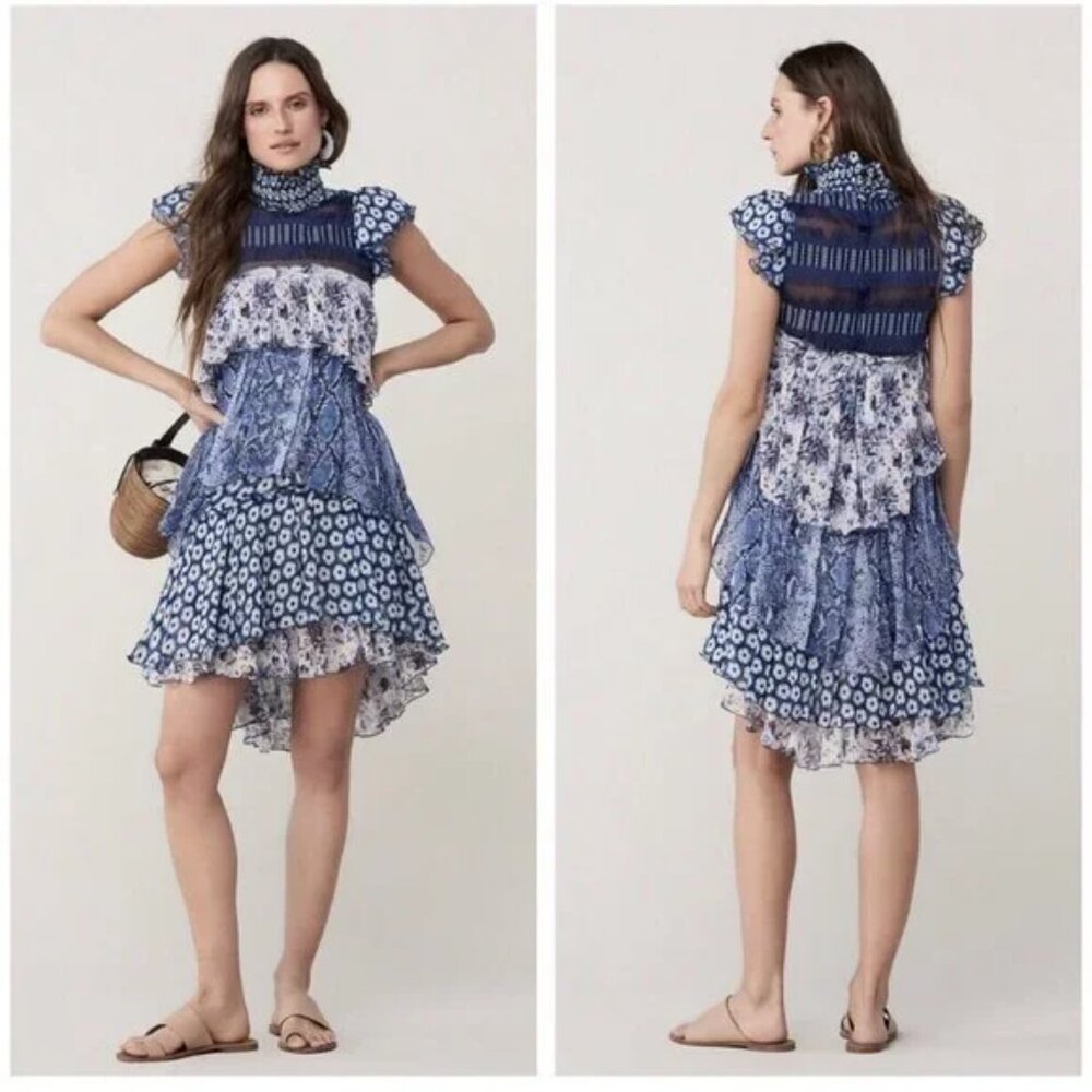 Diane Von Furstenberg Matilda Silk Chiffon Ruffle Dress Blue Size 8